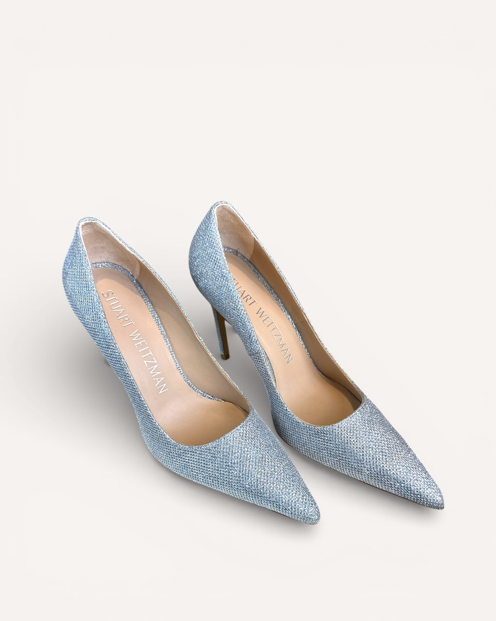 Stuart Weitzman Silver Glitter Heels, 9