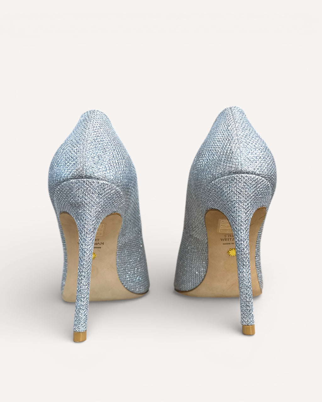 Stuart Weitzman Silver Glitter Heels, 9