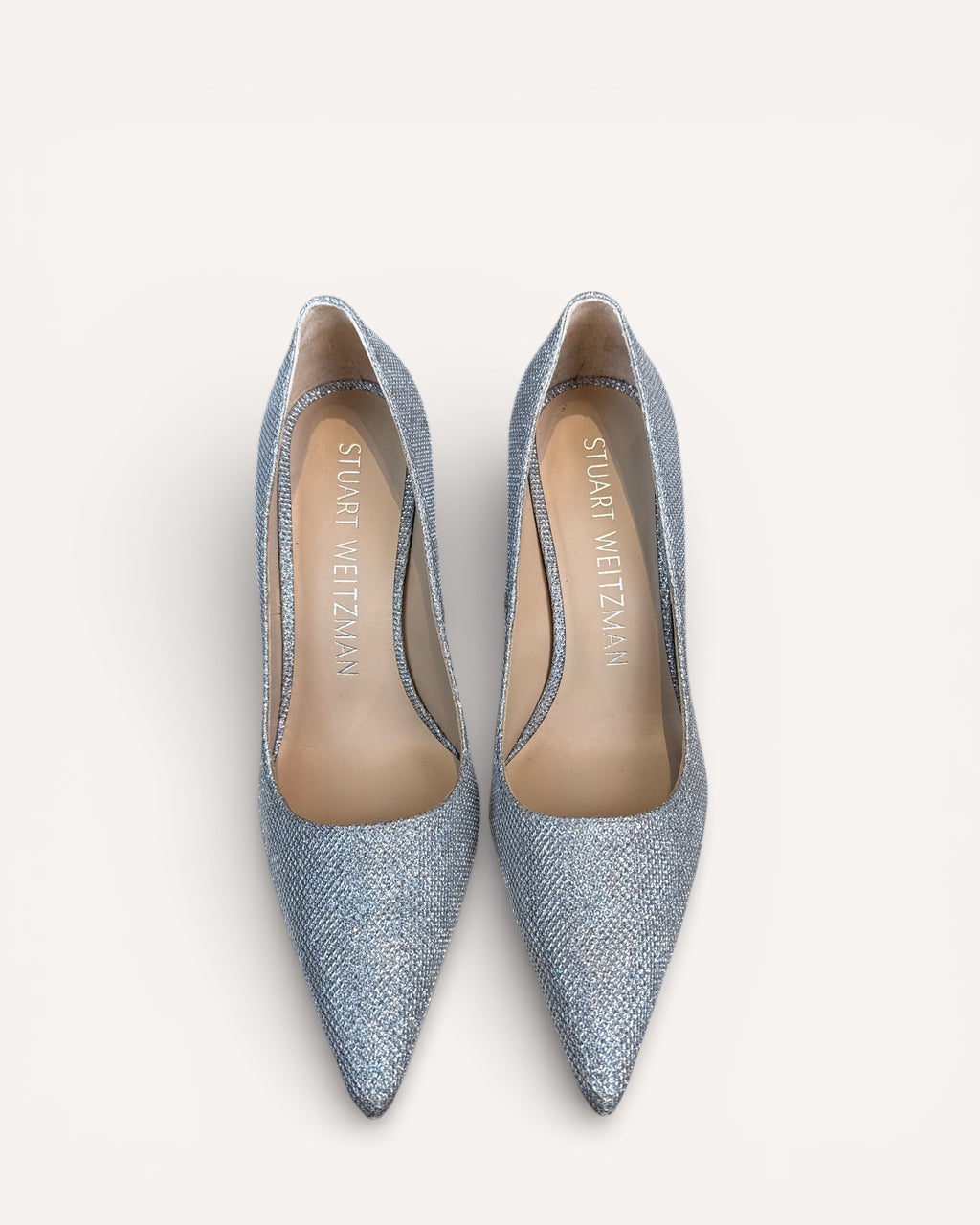 Stuart Weitzman Silver Glitter Heels, 9