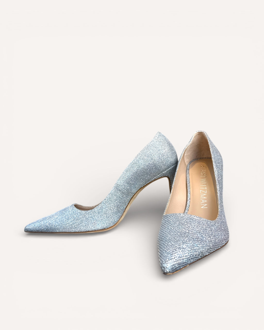 Stuart Weitzman Silver Glitter Heels, 9