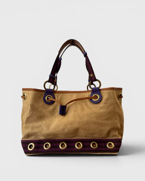 Sac vintage en toile beige et détails violets, Gianfranco Ferré
