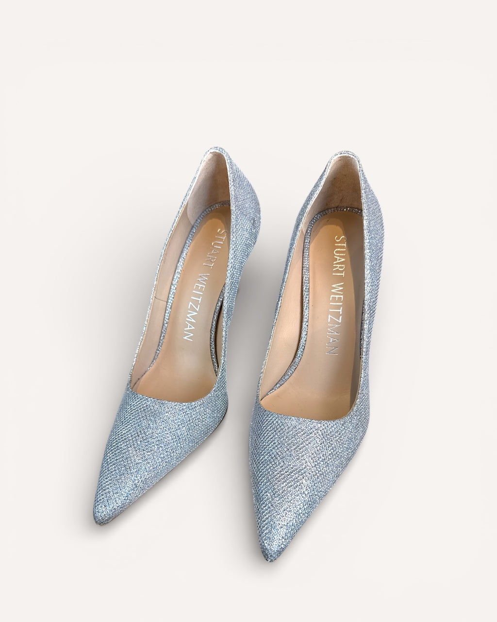 Stuart Weitzman Silver Glitter Heels, 9