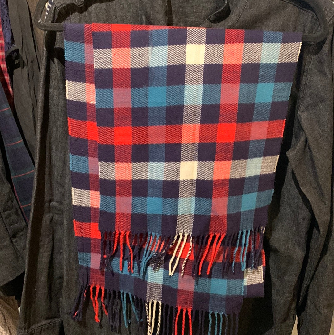 Red blue white checkered scarf