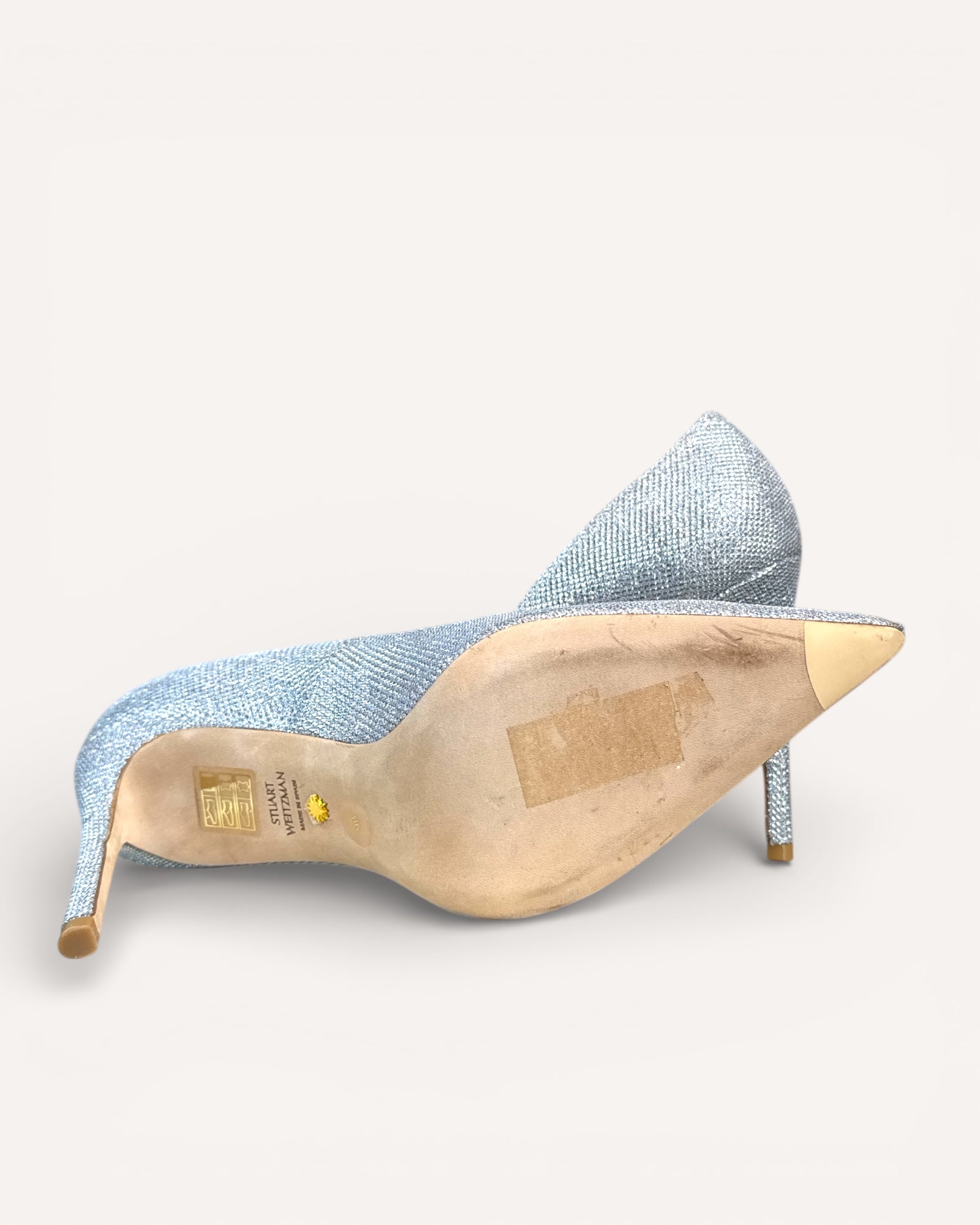 Stuart Weitzman Silver Glitter Heels, 9