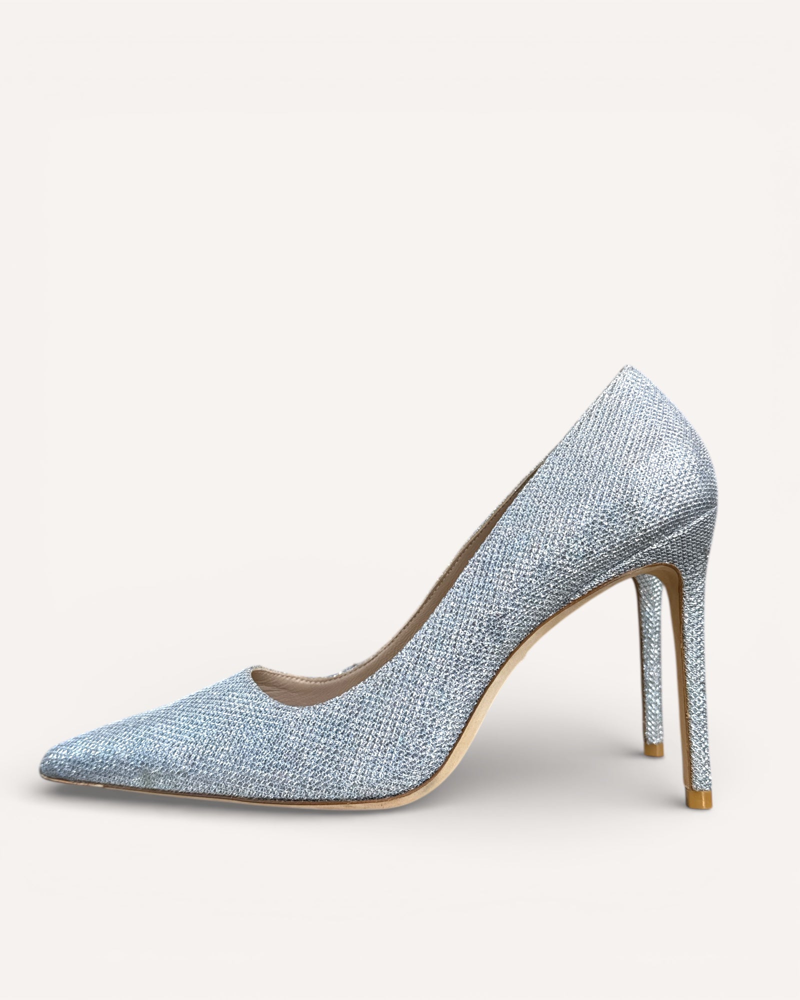 Stuart Weitzman Silver Glitter Heels, 9