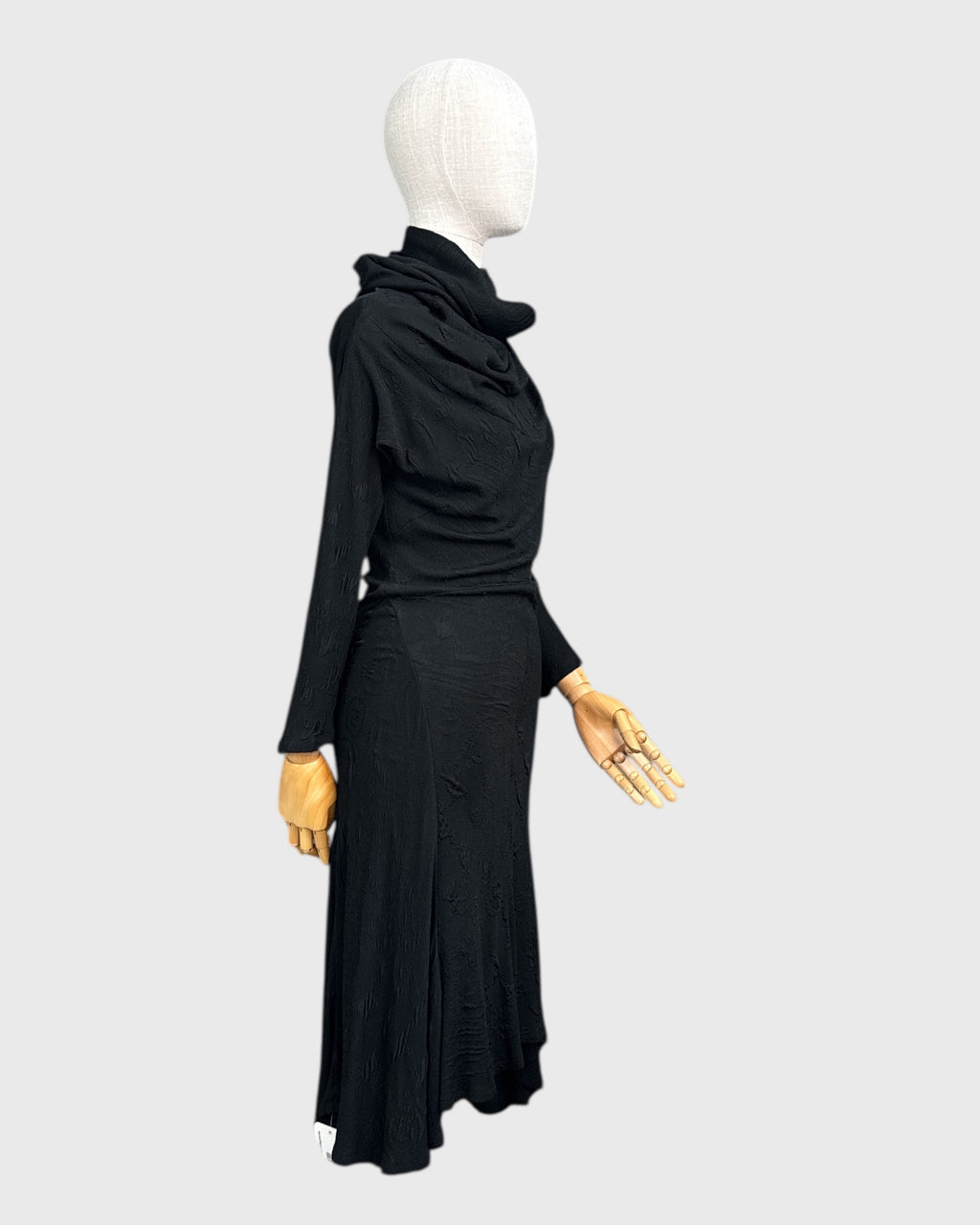 Long black dress with draped collar by Georges Levesque, size S