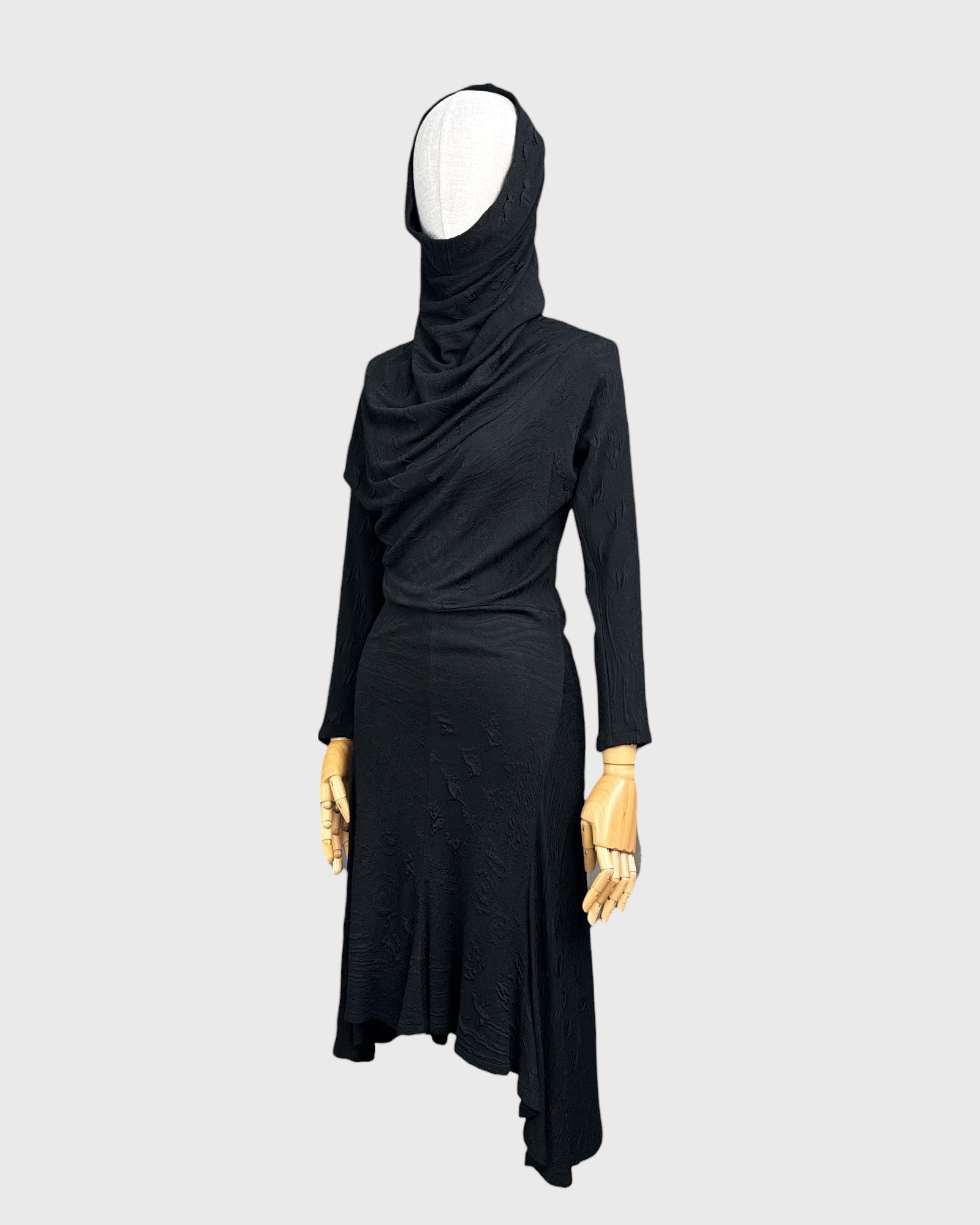 Long black dress with draped collar by Georges Levesque, size S
