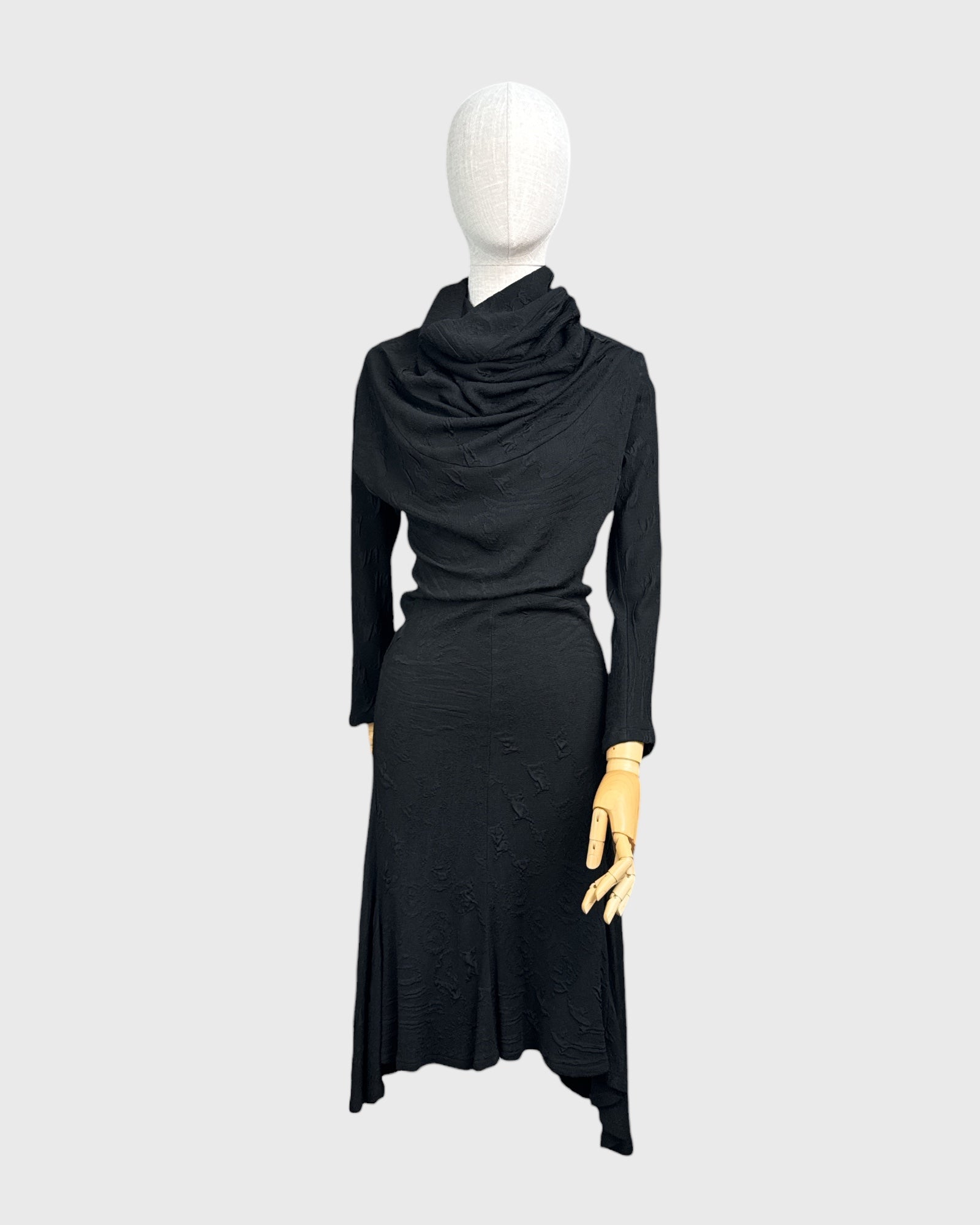 Long black dress with draped collar by Georges Levesque, size S