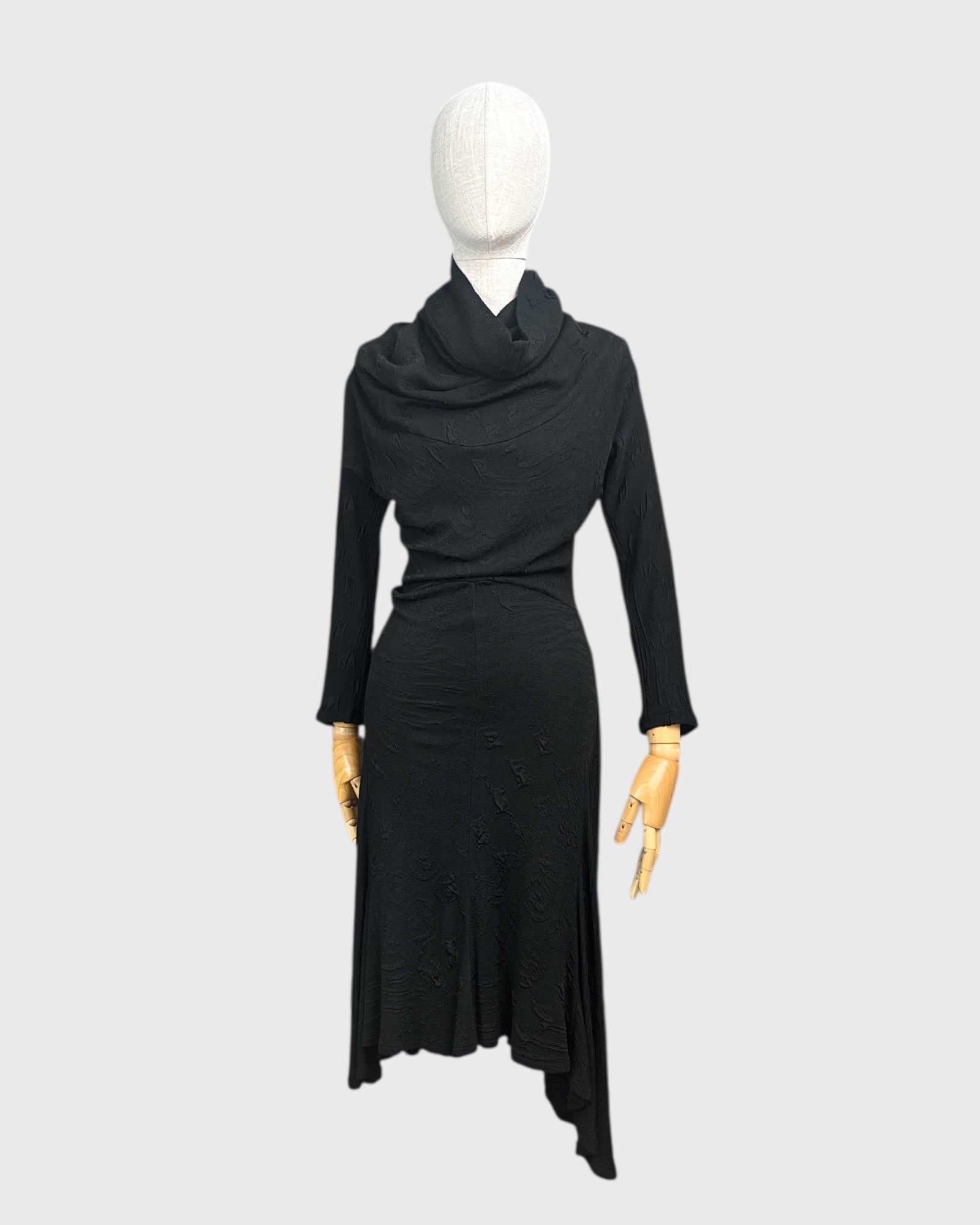 Long black dress with draped collar by Georges Levesque, size S
