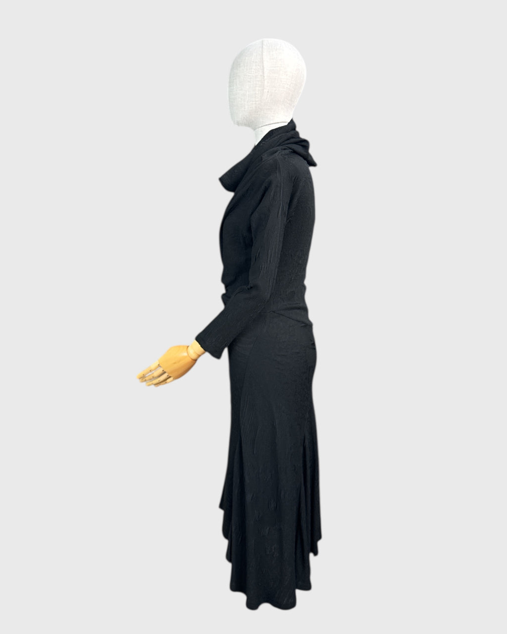 Long black dress with draped collar by Georges Levesque, size S
