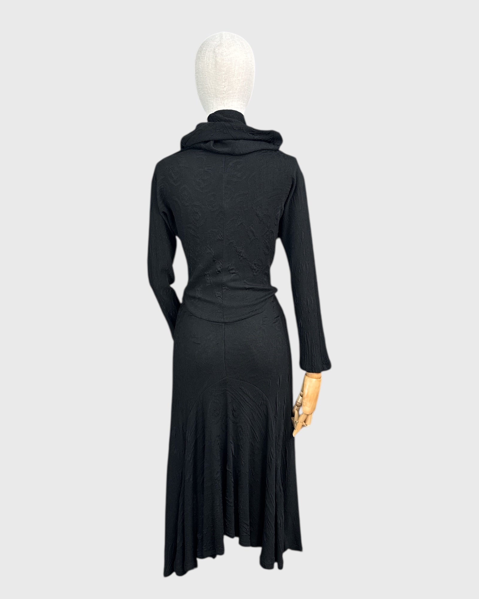 Long black dress with draped collar by Georges Levesque, size S