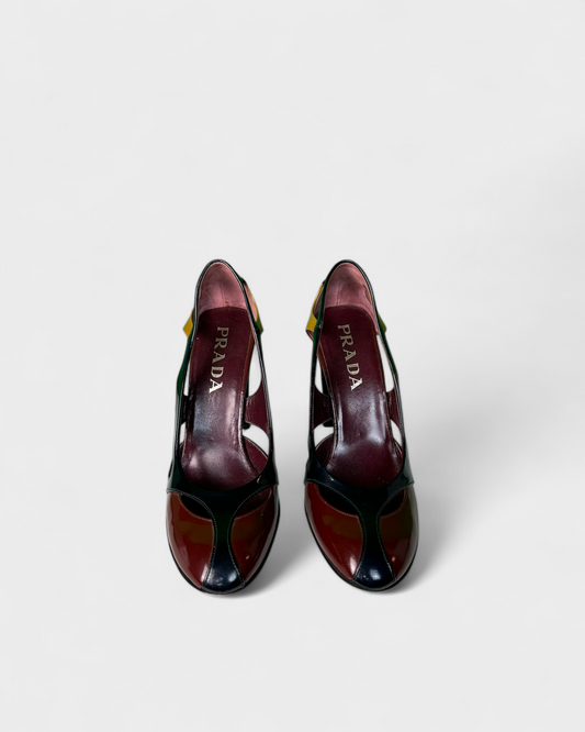 Prada black burgundy yellow patent heels