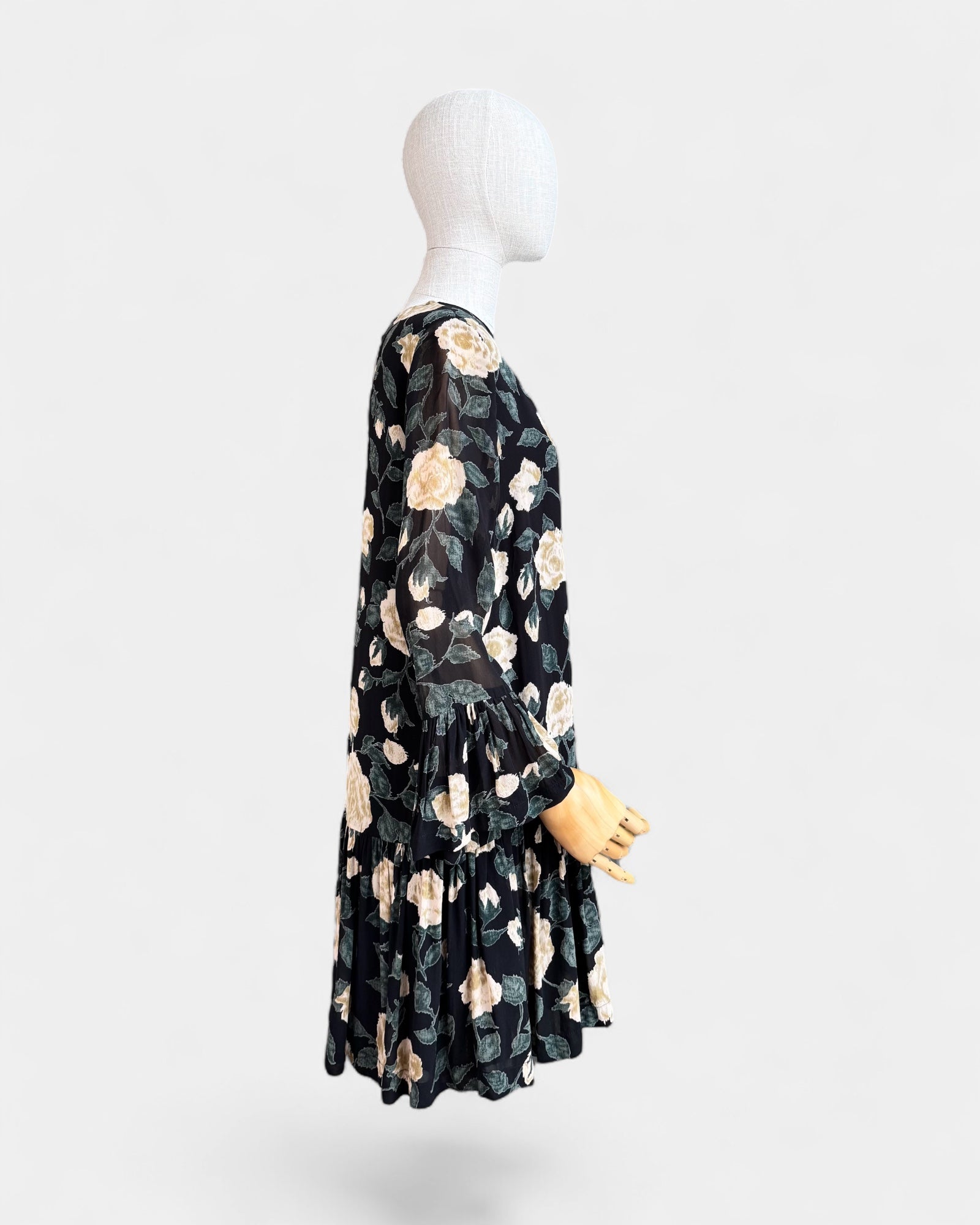 Ganni Black Floral Chiffon Flowing Dress, S