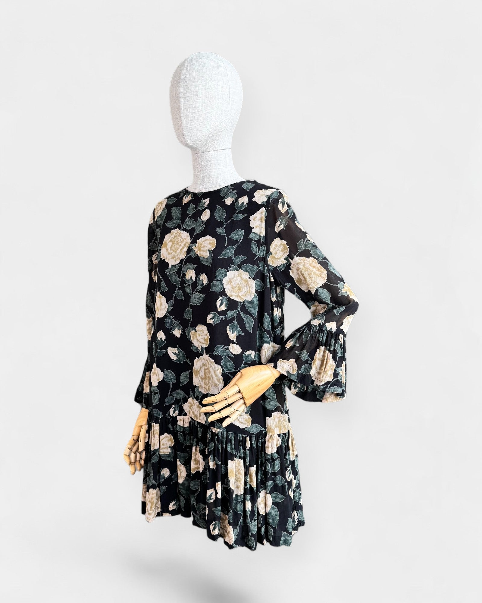 Ganni Black Floral Chiffon Flowing Dress, S