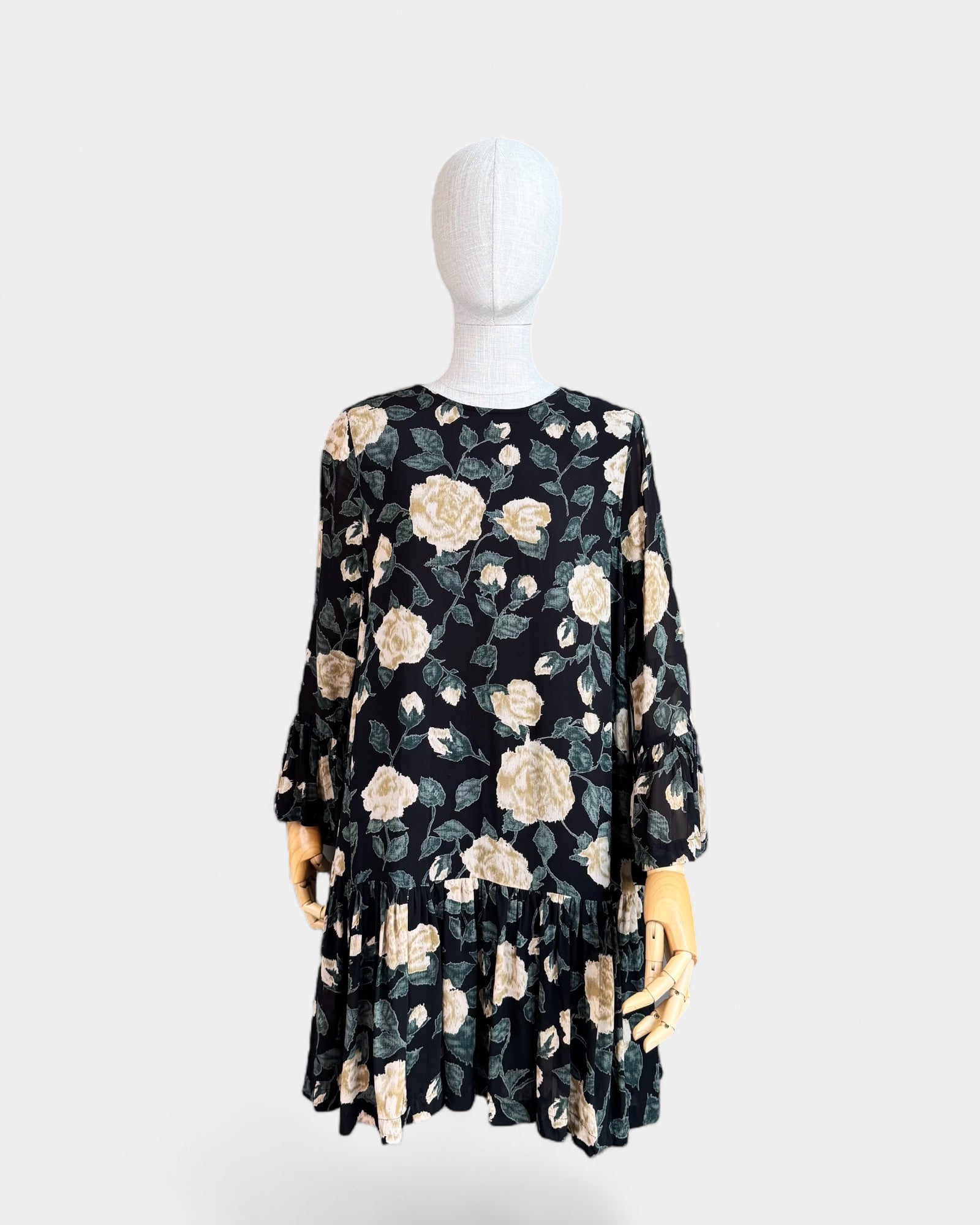 Ganni Black Floral Chiffon Flowing Dress, S
